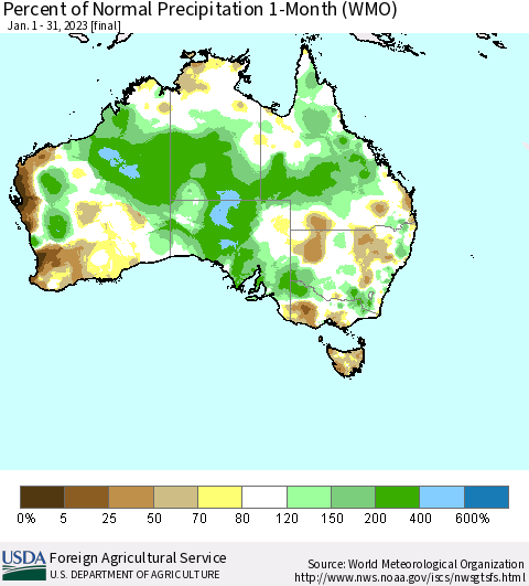 Australia Percent of Normal Precipitation 1-Month (WMO) Thematic Map For 1/1/2023 - 1/31/2023
