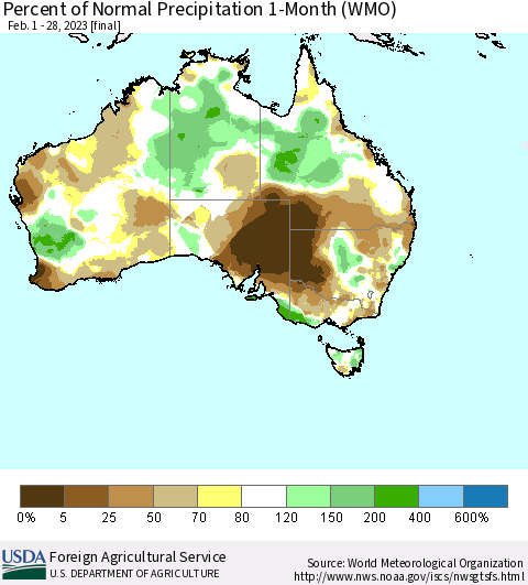 Australia Percent of Normal Precipitation 1-Month (WMO) Thematic Map For 2/1/2023 - 2/28/2023
