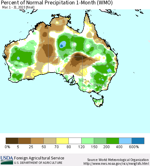 Australia Percent of Normal Precipitation 1-Month (WMO) Thematic Map For 3/1/2023 - 3/31/2023