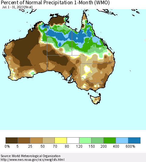 Australia Percent of Normal Precipitation 1-Month (WMO) Thematic Map For 7/1/2023 - 7/31/2023