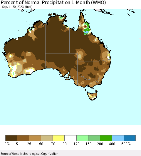 Australia Percent of Normal Precipitation 1-Month (WMO) Thematic Map For 9/1/2023 - 9/30/2023