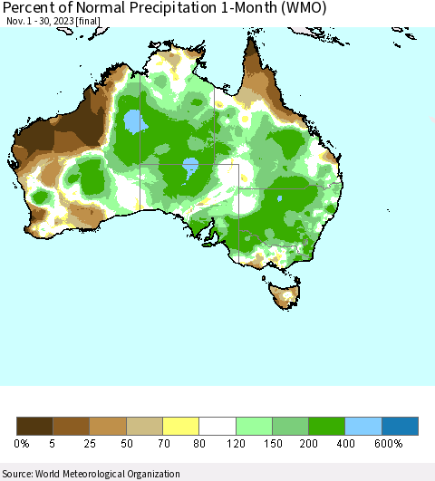 Australia Percent of Normal Precipitation 1-Month (WMO) Thematic Map For 11/1/2023 - 11/30/2023