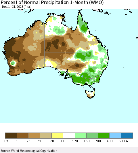 Australia Percent of Normal Precipitation 1-Month (WMO) Thematic Map For 12/1/2023 - 12/31/2023