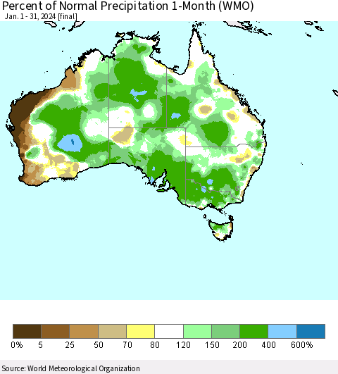 Australia Percent of Normal Precipitation 1-Month (WMO) Thematic Map For 1/1/2024 - 1/31/2024
