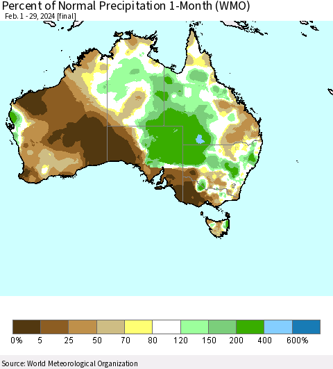 Australia Percent of Normal Precipitation 1-Month (WMO) Thematic Map For 2/1/2024 - 2/29/2024