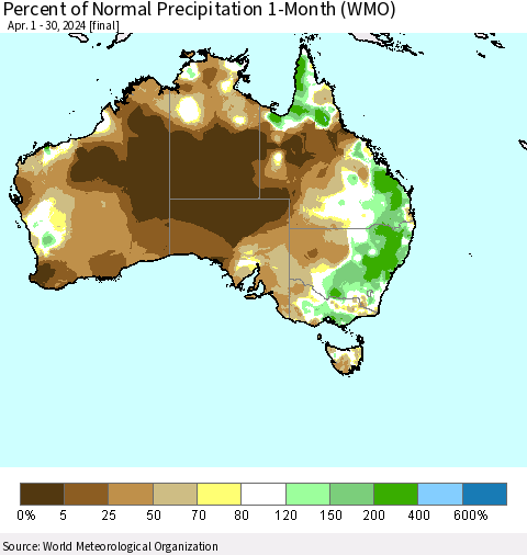 Australia Percent of Normal Precipitation 1-Month (WMO) Thematic Map For 4/1/2024 - 4/30/2024