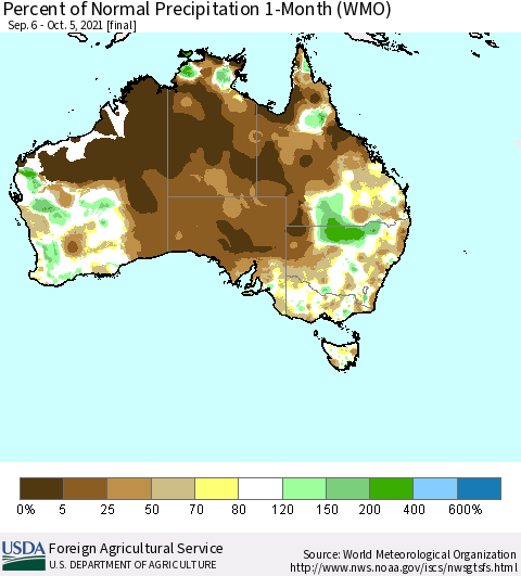 Australia Percent of Normal Precipitation 1-Month (WMO) Thematic Map For 9/6/2021 - 10/5/2021