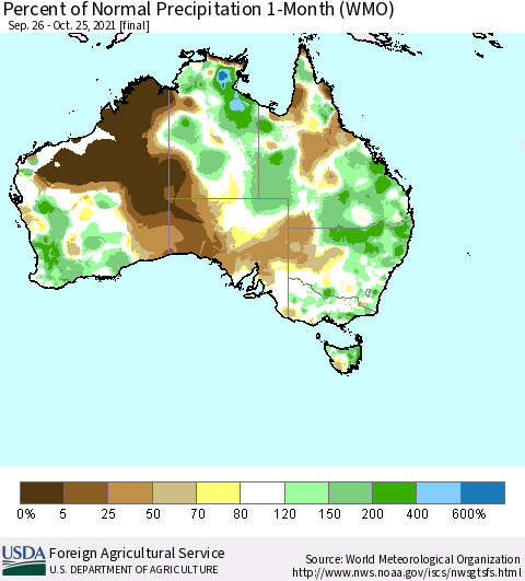 Australia Percent of Normal Precipitation 1-Month (WMO) Thematic Map For 9/26/2021 - 10/25/2021