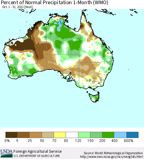 Australia Percent of Normal Precipitation 1-Month (WMO) Thematic Map For 10/1/2021 - 10/31/2021