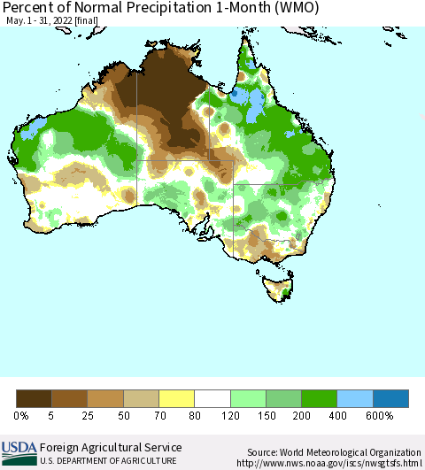 Australia Percent of Normal Precipitation 1-Month (WMO) Thematic Map For 5/1/2022 - 5/31/2022