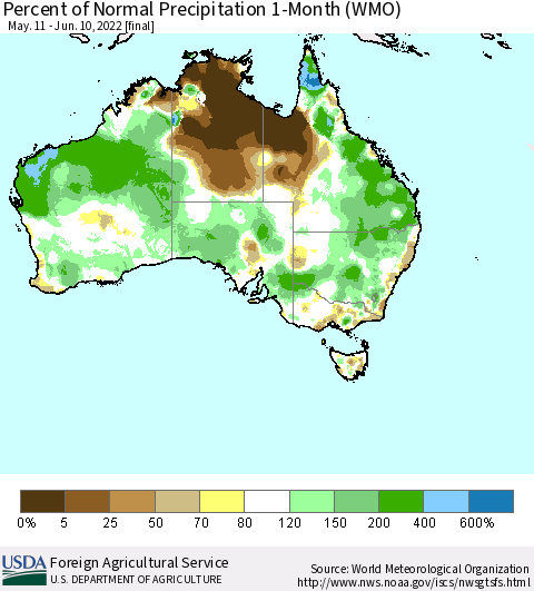 Australia Percent of Normal Precipitation 1-Month (WMO) Thematic Map For 5/11/2022 - 6/10/2022
