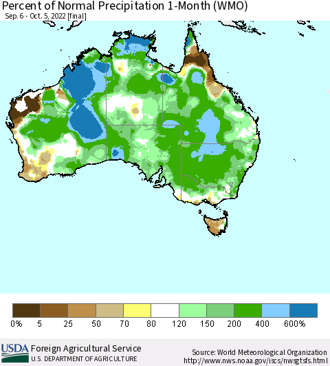 Australia Percent of Normal Precipitation 1-Month (WMO) Thematic Map For 9/6/2022 - 10/5/2022