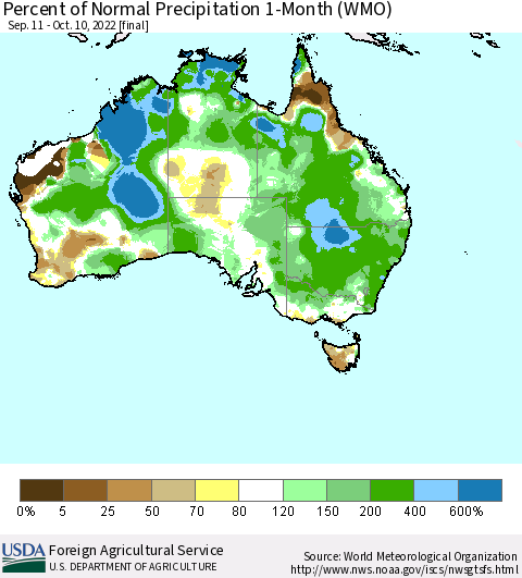 Australia Percent of Normal Precipitation 1-Month (WMO) Thematic Map For 9/11/2022 - 10/10/2022