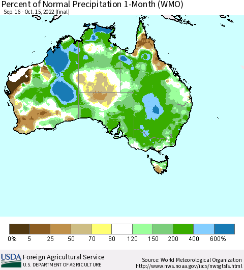 Australia Percent of Normal Precipitation 1-Month (WMO) Thematic Map For 9/16/2022 - 10/15/2022