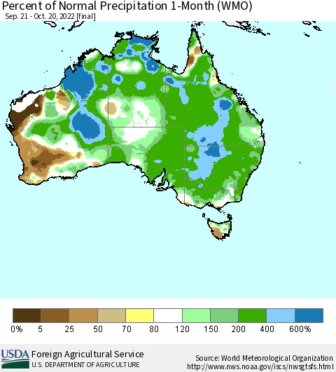 Australia Percent of Normal Precipitation 1-Month (WMO) Thematic Map For 9/21/2022 - 10/20/2022