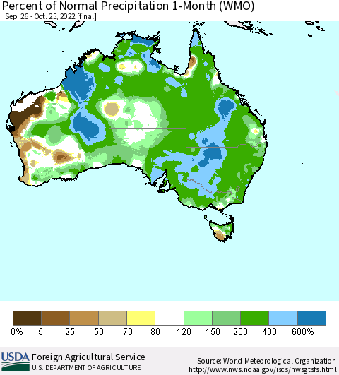 Australia Percent of Normal Precipitation 1-Month (WMO) Thematic Map For 9/26/2022 - 10/25/2022