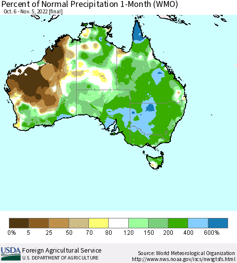 Australia Percent of Normal Precipitation 1-Month (WMO) Thematic Map For 10/6/2022 - 11/5/2022