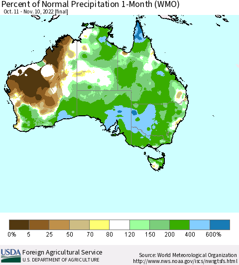 Australia Percent of Normal Precipitation 1-Month (WMO) Thematic Map For 10/11/2022 - 11/10/2022