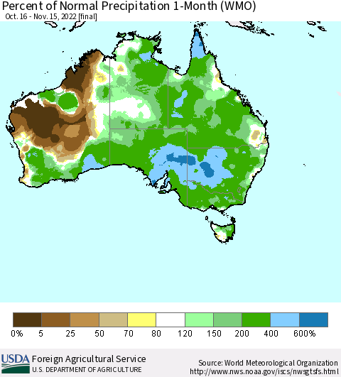 Australia Percent of Normal Precipitation 1-Month (WMO) Thematic Map For 10/16/2022 - 11/15/2022