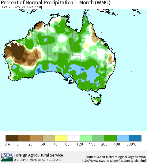 Australia Percent of Normal Precipitation 1-Month (WMO) Thematic Map For 10/21/2022 - 11/20/2022