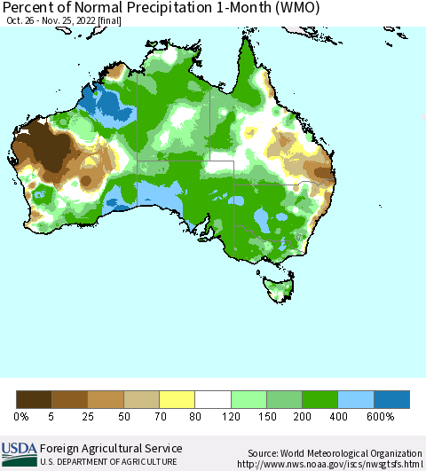 Australia Percent of Normal Precipitation 1-Month (WMO) Thematic Map For 10/26/2022 - 11/25/2022