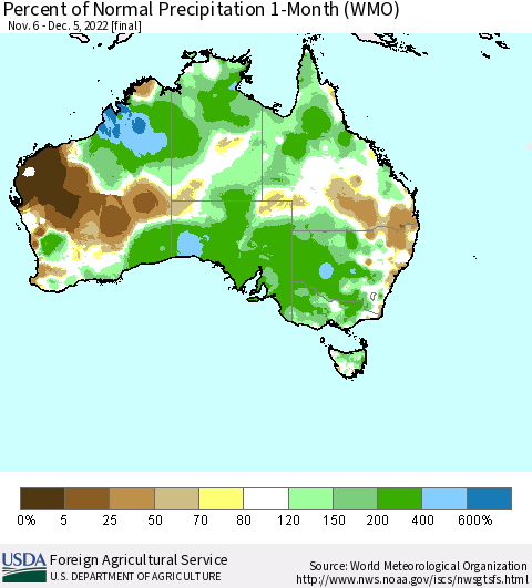 Australia Percent of Normal Precipitation 1-Month (WMO) Thematic Map For 11/6/2022 - 12/5/2022