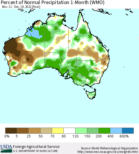 Australia Percent of Normal Precipitation 1-Month (WMO) Thematic Map For 11/11/2022 - 12/10/2022