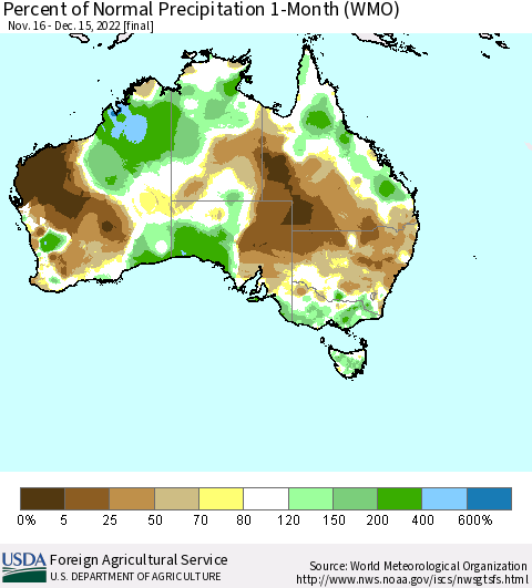 Australia Percent of Normal Precipitation 1-Month (WMO) Thematic Map For 11/16/2022 - 12/15/2022