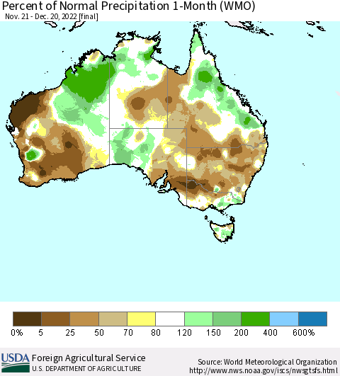 Australia Percent of Normal Precipitation 1-Month (WMO) Thematic Map For 11/21/2022 - 12/20/2022