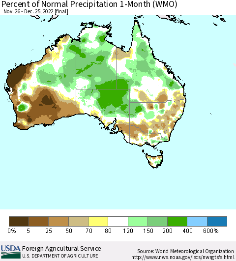 Australia Percent of Normal Precipitation 1-Month (WMO) Thematic Map For 11/26/2022 - 12/25/2022