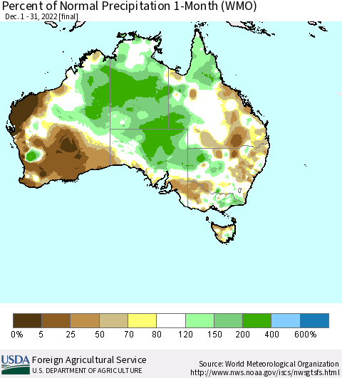 Australia Percent of Normal Precipitation 1-Month (WMO) Thematic Map For 12/1/2022 - 12/31/2022