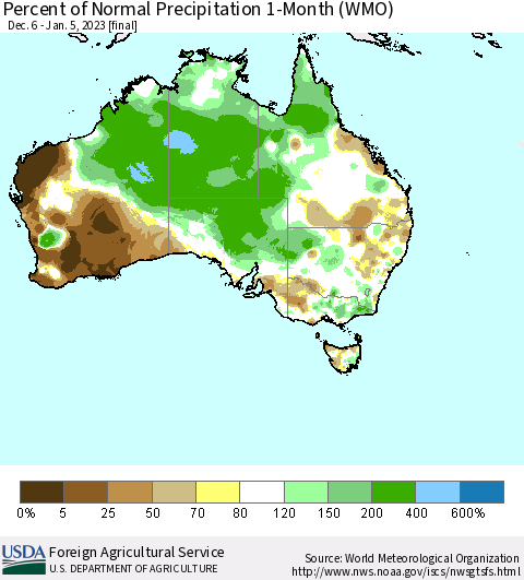 Australia Percent of Normal Precipitation 1-Month (WMO) Thematic Map For 12/6/2022 - 1/5/2023