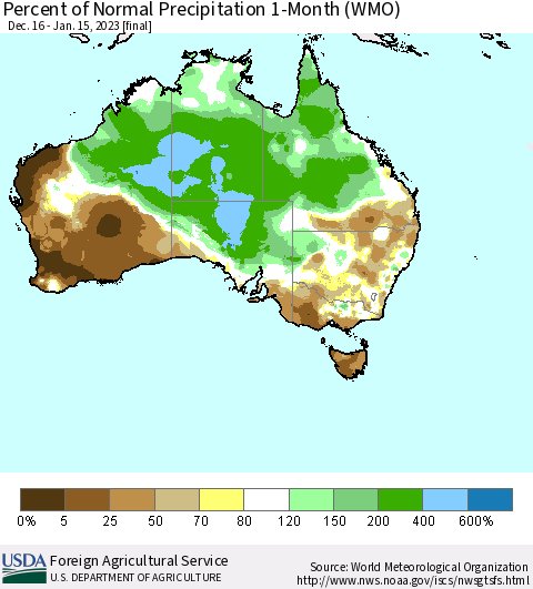 Australia Percent of Normal Precipitation 1-Month (WMO) Thematic Map For 12/16/2022 - 1/15/2023