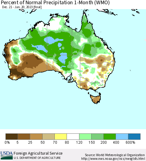 Australia Percent of Normal Precipitation 1-Month (WMO) Thematic Map For 12/21/2022 - 1/20/2023