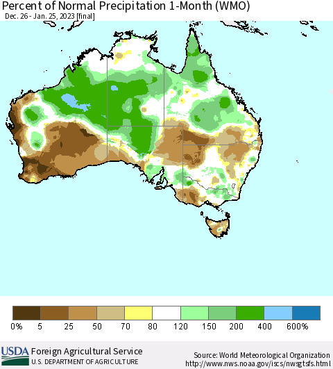 Australia Percent of Normal Precipitation 1-Month (WMO) Thematic Map For 12/26/2022 - 1/25/2023