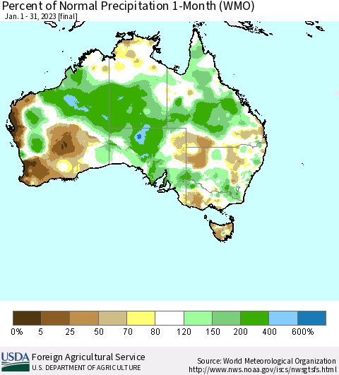 Australia Percent of Normal Precipitation 1-Month (WMO) Thematic Map For 1/1/2023 - 1/31/2023