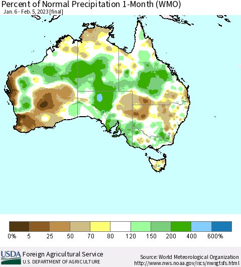Australia Percent of Normal Precipitation 1-Month (WMO) Thematic Map For 1/6/2023 - 2/5/2023