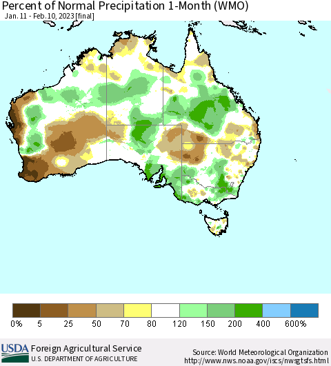 Australia Percent of Normal Precipitation 1-Month (WMO) Thematic Map For 1/11/2023 - 2/10/2023