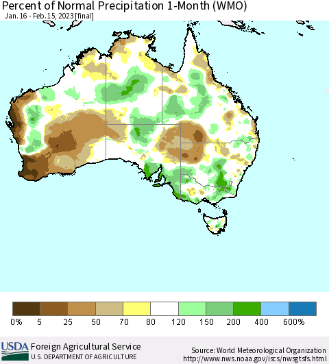 Australia Percent of Normal Precipitation 1-Month (WMO) Thematic Map For 1/16/2023 - 2/15/2023
