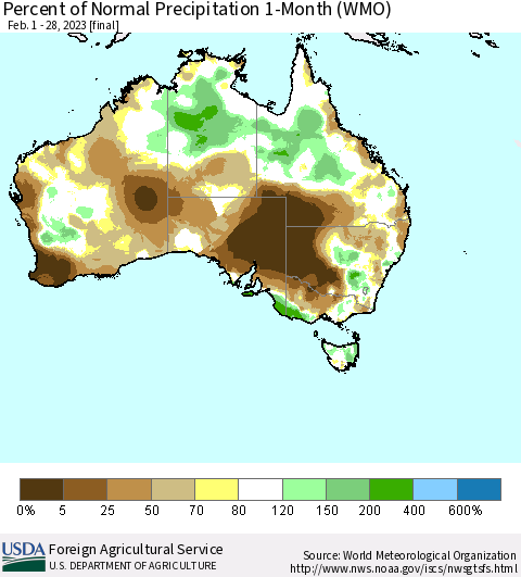 Australia Percent of Normal Precipitation 1-Month (WMO) Thematic Map For 2/1/2023 - 2/28/2023