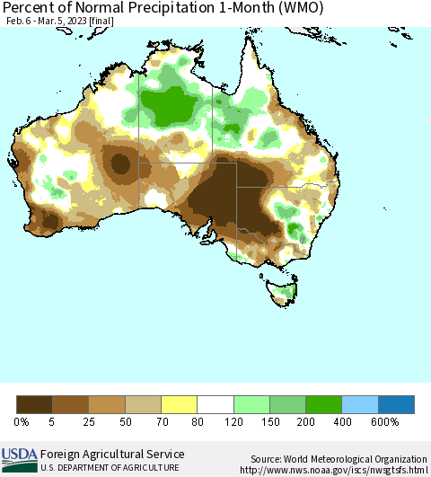 Australia Percent of Normal Precipitation 1-Month (WMO) Thematic Map For 2/6/2023 - 3/5/2023