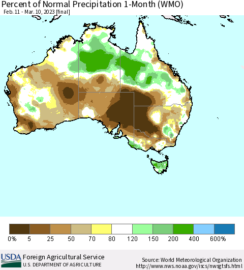 Australia Percent of Normal Precipitation 1-Month (WMO) Thematic Map For 2/11/2023 - 3/10/2023