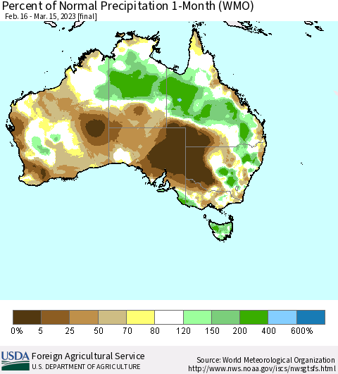 Australia Percent of Normal Precipitation 1-Month (WMO) Thematic Map For 2/16/2023 - 3/15/2023
