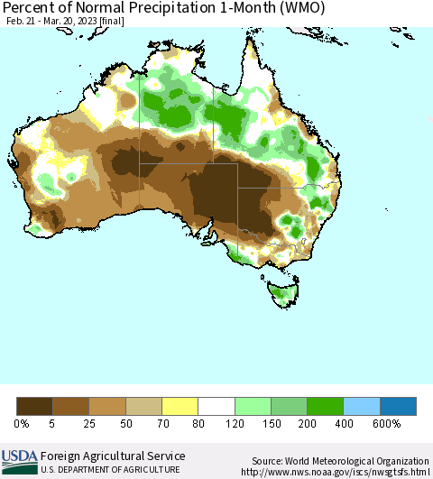 Australia Percent of Normal Precipitation 1-Month (WMO) Thematic Map For 2/21/2023 - 3/20/2023