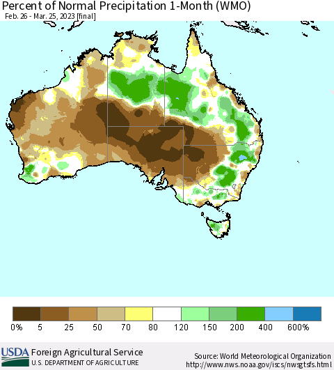 Australia Percent of Normal Precipitation 1-Month (WMO) Thematic Map For 2/26/2023 - 3/25/2023