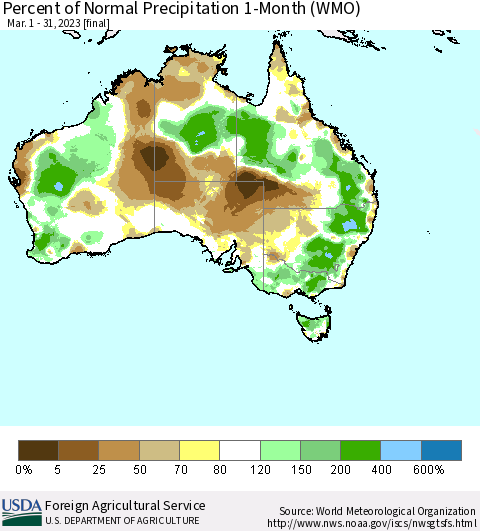 Australia Percent of Normal Precipitation 1-Month (WMO) Thematic Map For 3/1/2023 - 3/31/2023