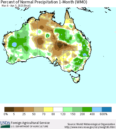 Australia Percent of Normal Precipitation 1-Month (WMO) Thematic Map For 3/6/2023 - 4/5/2023