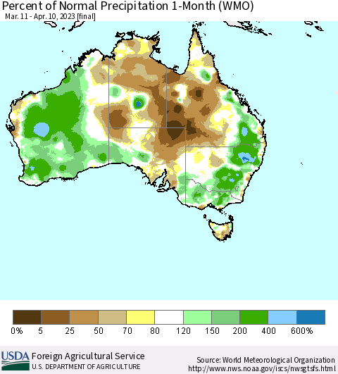 Australia Percent of Normal Precipitation 1-Month (WMO) Thematic Map For 3/11/2023 - 4/10/2023
