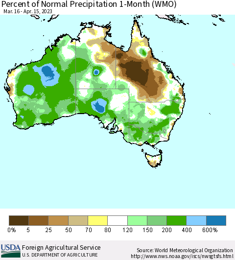 Australia Percent of Normal Precipitation 1-Month (WMO) Thematic Map For 3/16/2023 - 4/15/2023