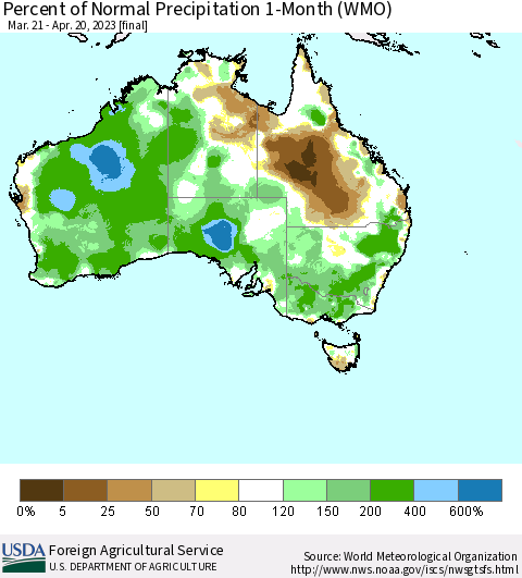 Australia Percent of Normal Precipitation 1-Month (WMO) Thematic Map For 3/21/2023 - 4/20/2023